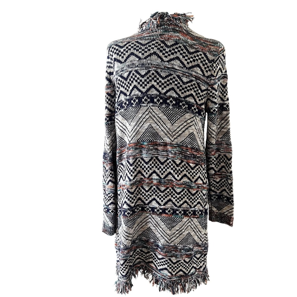 New Directions Womens Large Southwestern Fringe Longline Cardigan Sweater Blue - Picture 4 of 5